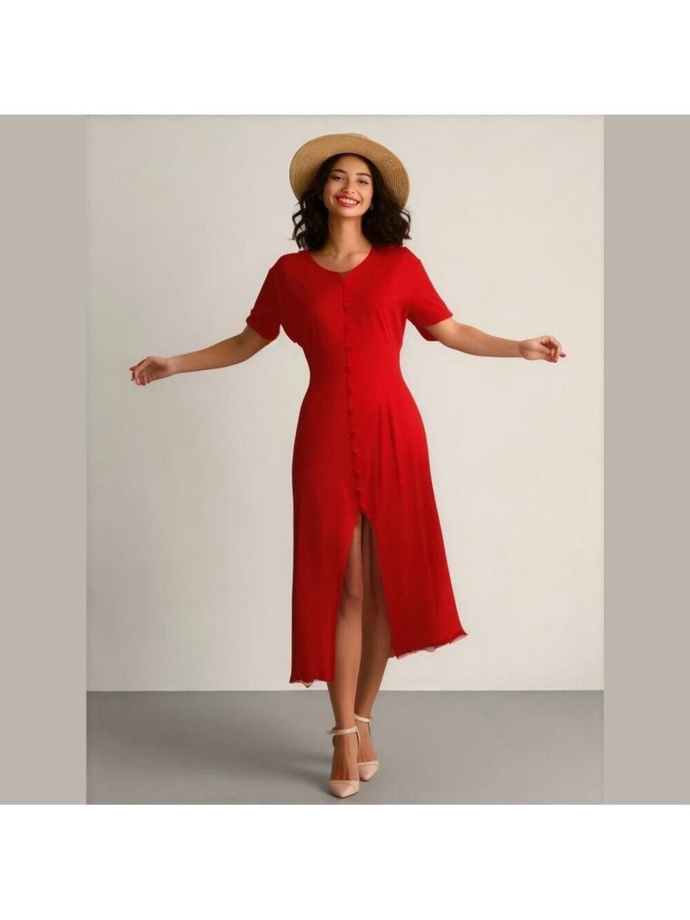 80s BREAKIN LOOSE RED FITTED BUTTON FRONT SHORT SLEEVE MIDI DRESS FRT SLIT SZ 10